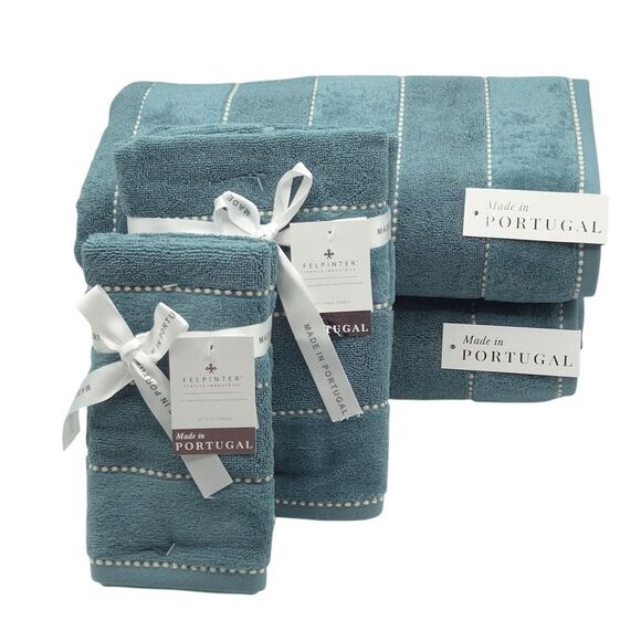 Felpinter 6pc 100% Cotton Towels Set Dark Aqua Stitched Stripe Made in Portugal - Picture 7 of 11